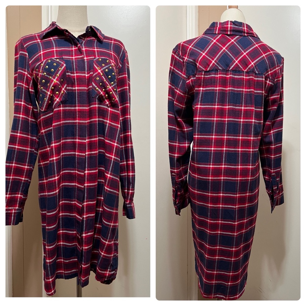 Michael Kors Womens Red Plaid Button Down Shirt Dress Studded Size M
